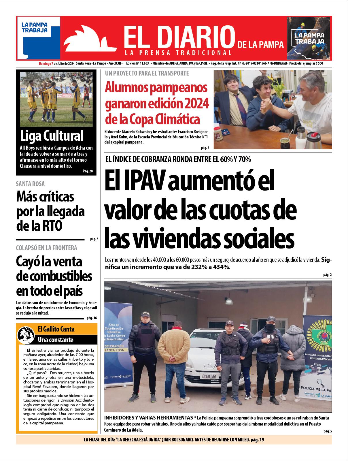 Tapa de El Diario en papel  domingo 07 de julio de 2024